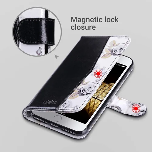 Vista 6 de ULAK - Funda tipo cartera para iPhone 8 Plus/iPhone 7 Plus, color negro Funda de piel sintética prémium con tarjetero [bloqueo RFID], función