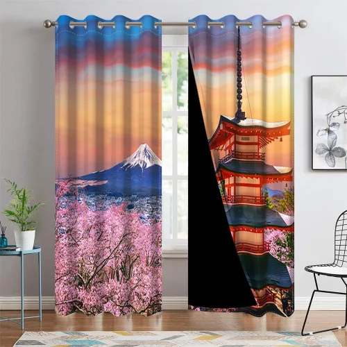 Vista 35 de Cortinas japonesas con pintura de tinta, monte Fuji, sol rojo, puesta de sol, hojas de bambú, cortinas de ventana para dormitorio, sala de estar