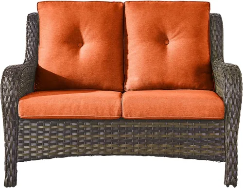 Vista 35 de Sofá Pop Patio de 2 plazas para exteriores con cojines gruesos de botones, respaldo alto, muebles de ratán de mimbre marrón resistentes y cómodos