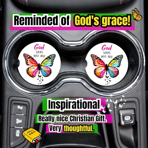 Vista 9 de Posavasos cristianos para portavasos – Paquete de 2 bonitos versículos de la Biblia de mariposa, accesorios de coche para mujeres, decoración de fe