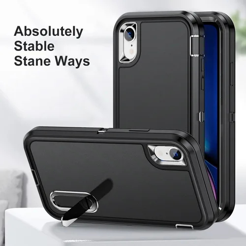 Vista 4 de IDweel Funda para iPhone XR, color negro para iPhone XR con soporte para hombres, protección resistente a prueba de golpes, antiarañazos, ajuste
