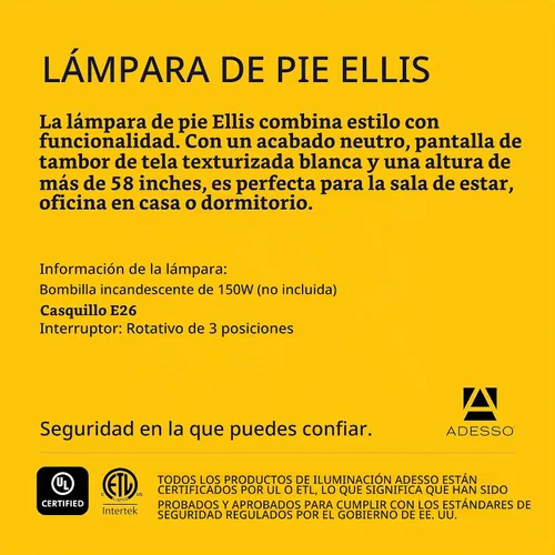 Vista 8 de Adesso Lámpara de pie con base de madera de caucho natural y pantalla de lino blanco, brillo ajustable de 3 vías, lámpara para dormitorio, sala