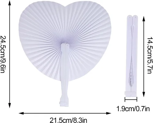 Vista 2 de Yolyoo 24 abanicos de boda blancos plegables de papel con forma de corazón con mango de plástico para fiestas de cumpleaños, suministros de verano