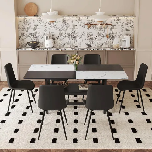 Vista 33 de Juego de mesa de comedor de 71 pulgadas para 6 personas con estante de almacenamiento, juego de mesa de comedor rectangular industrial moderna