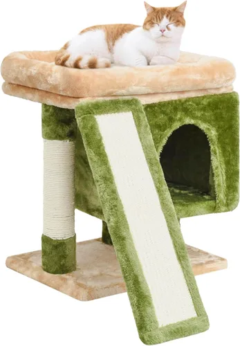 Vista 8 de SYANDLVY Árbol pequeño para gatos grandes de interior, condominio para gatitos con poste rascador y tabla, torre de actividades moderna con cueva