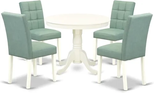 Vista 14 de East West Furniture ANAS3-AWA-08 Juego de mesa de comedor de cocina de 3 piezas contiene una mesa moderna y 2 sillas de comedor tapizadas de tela