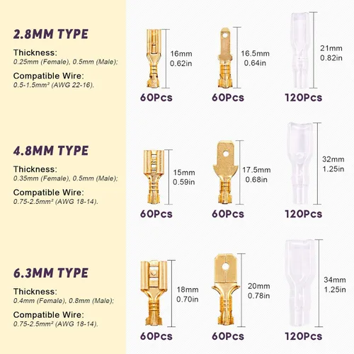 Vista 2 de Swpeet 720 piezas de conectores rápidos de espada macho y hembra dorados de 2.8/4.8/0.248 in, bloque de terminales de crimpado de alambre con kit