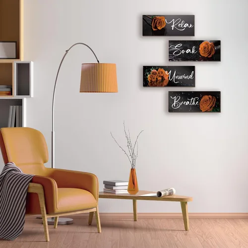 Vista 6 de ZINYAZHE 4 piezas de decoración de baño naranja, decoración de pared de rosas, accesorios de baño de madera naranja con arte de pared para Rosa