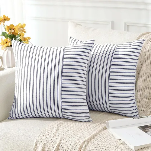 Vista 2 de OTOSTAR Paquete de 2 fundas de almohada decorativas con diseño de retazos a rayas de 18 x 18 pulgadas, fundas de cojín cuadradas para sofá Rayas