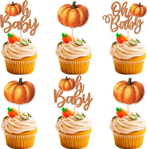 Vista 8 de Paquete de 24 adornos para cupcakes de calabaza para niños o niñas, con purpurina para revelación de género, calabaza, pies de bebé, para baby