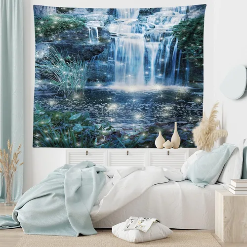 Vista 66 de Ambesonne Tapiz Trippy, vista panorámica de la cascada con bosques de ensueño y mandala oriental psicodélico, decoración de tela para colgar
