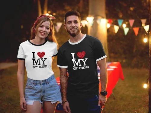 Vista 4 de TSIPR Camiseta I Love My Girlfriend GF con texto en inglés "I Love My Boyfriend BF con purpurina y corazón a juego para parejas, regalos del día