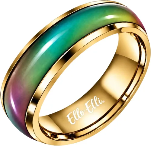 Vista 13 de Ello Elli - Anillo de humor de 6 mm actualizado hecho de acero inoxidable - Cristales multicolor de arcoíris - Banda de ajuste cómodo - Anillo retro