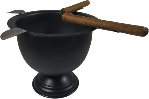 Vista 5 de Cenicero de cigarro hecho en hierro metal caja de cuenco profundo alto cenicero resistente al viento prensado con 4 estribos (negro)
