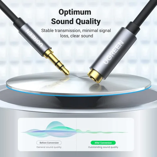 Vista 3 de UGREEN Cable de extensión de auriculares 3.5mm, cable auxiliar chapado en oro, cable de audio estéreo con conector TRS macho a hembra, extensor
