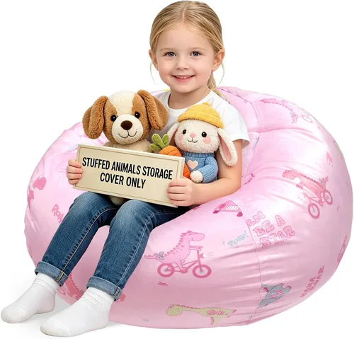 Vista 22 de Lukeight - Puf de almacenamiento de animales de peluche para niños, funda para puf de dinosaurio con cremallera para organizar la habitación
