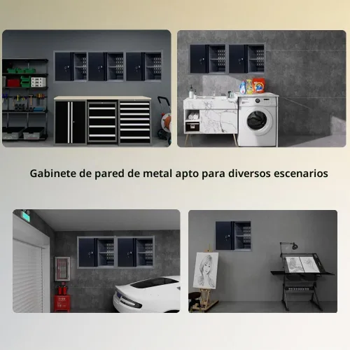 Vista 6 de Gabinete de pared de metal con puerta, 2 estantes extraíbles, armario montado en la pared con cerradura para garaje, taller, almacén