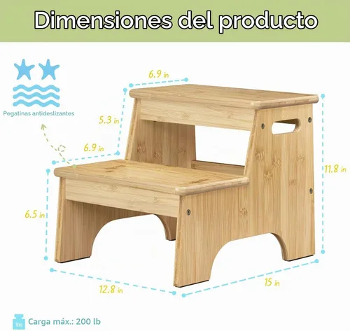 Vista 6 de Forbena Taburete de Baño de Madera para Niños Pequeños, Taburete Resistente de 2 Escalones para Niños para Lavabo de Baño Encimera de Cocina, Madera