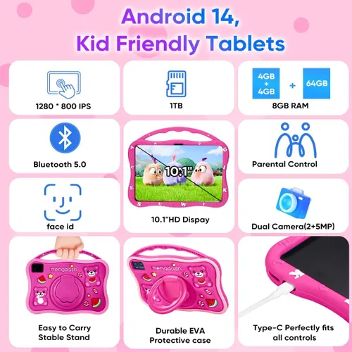 Vista 9 de Tablet para Niños MengDash, Tablet de 10.1 Pulgadas para Niños de 3-10 Años, Tablet Educativa para Niños Pequeños Android 14, 8GB RAM+64GB ROM Rojo