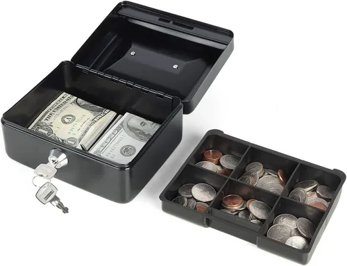 Vista 2 de Decaller - Caja de dinero pequeña con cerradura de llave, caja de dinero de metal portátil con doble capa y 2 llaves para seguridad, negro, 6 x 4