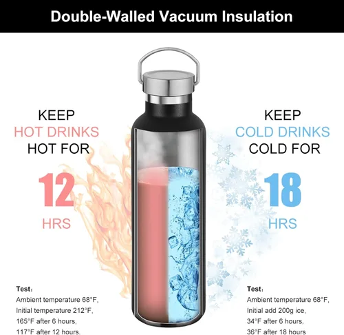 Vista 3 de Volhoply 24 onzas Botella de agua aislada con boca estándar con tapa de combinación de plástico y acero inoxidable, botellas de agua de 304 18/8