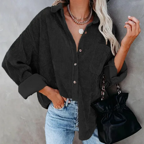 Vista 4 de Blusas de pana con botones para mujer, de manga larga, estilo casual, con solapa, acolchada, cárdigan liso, con bolsillo holgado