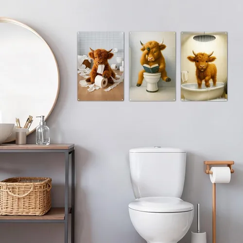 Vista 2 de Madewell Living Divertido letrero de metal de vaca de las montañas, arte de pared, decoración rústica de baño, fotos de vaca marrón para baño, baño