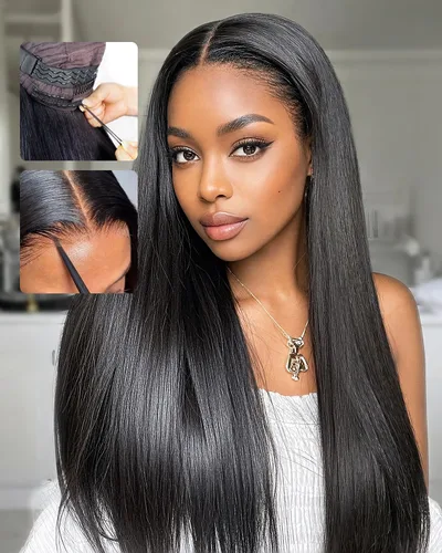 Vista 13 de Peluca Bob sin pegamento de llevar y usar cabello humano liso, 6x4 precortada con encaje HD sin pegamento, prearrancada, pelucas con cierre frontal