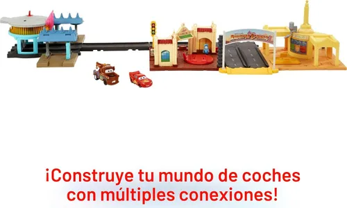 Vista 4 de Mattel Disney y Pixar Cars On The Road Playset con 2 vehículos de juguete y cuenta regresiva iluminada, incluye Lightning McQueen y Mater Truck