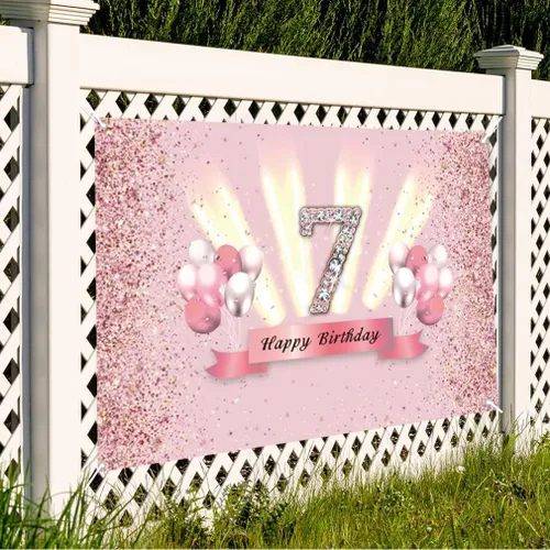 Vista 6 de Decoraciones de feliz cumpleaños 7 para niñas, pancarta de fondo, decoración de fiesta, póster de tela de aniversario, fondo de foto rosa