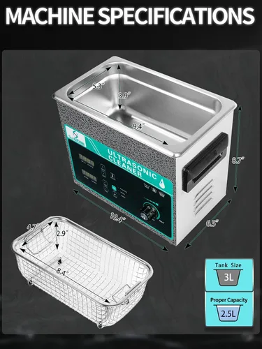 Vista 7 de Limpiador ultrasónico de 3 litros con potencia y barrido ajustables, máquina de limpieza ultra sónico de 120 W, temporizador digital y calentador
