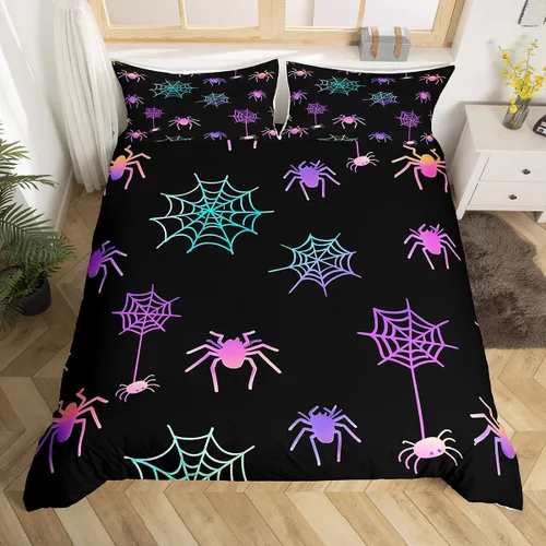 Vista 10 de Juego de ropa de cama de Halloween, funda de edredón gótica de murciélagos negros con telarañas, funda de edredón individual, diseño de arañas