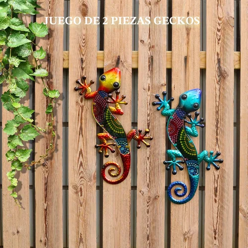 Vista 4 de HONGLAND Arte de pared de Gecko de metal, 2 unidades de lagarto de 15 pulgadas, decoración para exteriores, escultura de vidrio colgante, decoración
