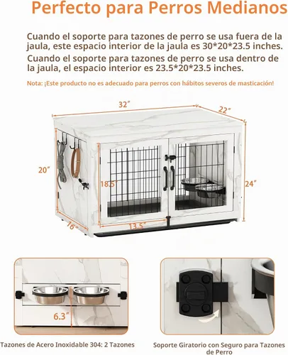Vista 2 de Piskyet Mueble de Jaula para Perros de Madera con Cuencos para Perros Giratorios Extraíbles de 360°, Mesa Auxiliar de Jaula para Perros con Bandeja