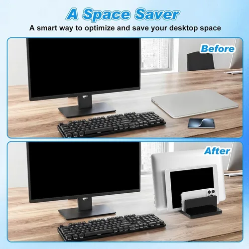 Vista 5 de Soporte vertical ajustable para computadora portátil, soporte acrílico de 3 ranuras para laptop, base invisible para computadora portátil, todos