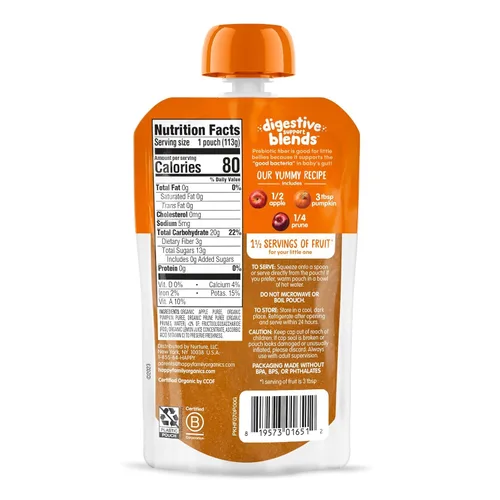 Vista 2 de Happy Baby Mezclas de apoyo digestivo, alimento para bebés etapa 2 con fibra prebiótica, manzana, calabaza y ciruela, 4 onzas (paquete de 16) +