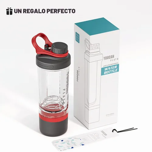 Vista 7 de Botella agitadora de proteínas de 21 oz con contenedor de almacenamiento de polvo - Tazas agitadoras para batidos de proteínas - Botella de Rojo