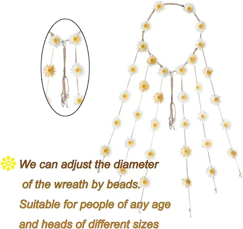 Vista 4 de AWAYTR Juego de 3 piezas de disfraz hippie para mujer, diadema de flores bohemias de los años 70, collar dorado con signo de la paz, lentes de sol
