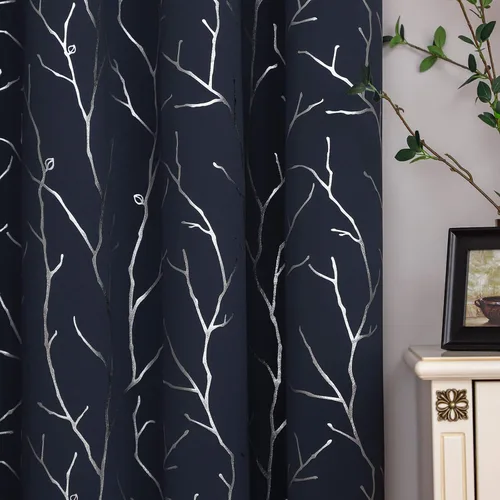 Vista 68 de BUHUA Cortinas pequeñas para ventana de 36 pulgadas de largo, 2 paneles, cortinas opacas con elegantes ramas de árbol plateadas, cortinas de bloqueo