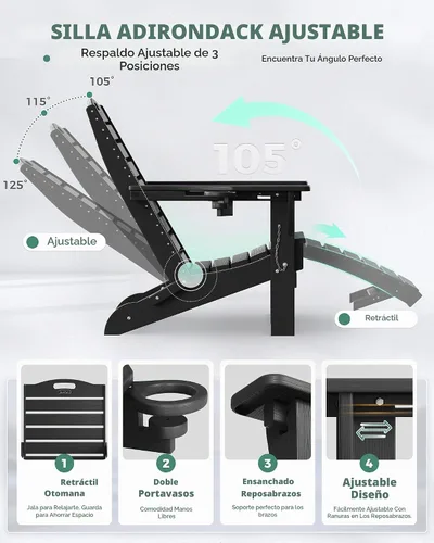 Vista 5 de Sillas Adirondack ajustables con otomana retráctil, silla Adirondack plegable de HDPE con 2 soportes para tazas, resistente a la intemperie