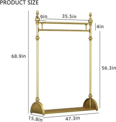 Vista 5 de Perchero de ropa dorado, perchero industrial para colgar ropa con estantes dobles independiente, multifuncional, de servicio pesado, perchero