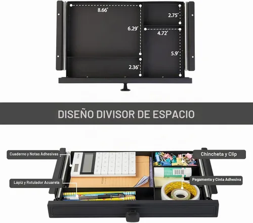 Vista 3 de GOME Cajón deslizable debajo del escritorio con diseño divisor de espacio para guardar lápices y accesorios de oficina, organizador de bandeja Negro
