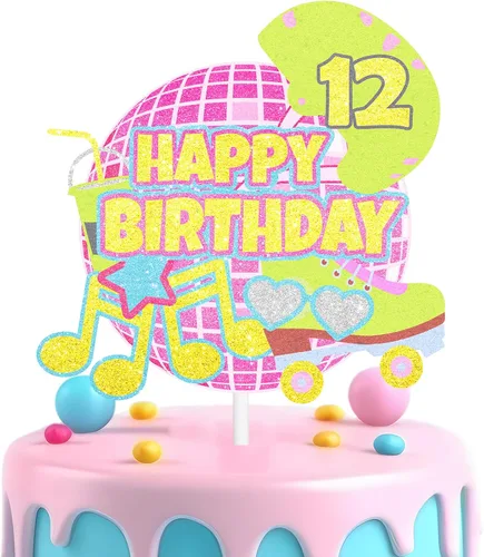 Vista 9 de Decoración retro de pastel de patinaje sobre ruedas para niñas, temática de discoteca de décimo cumpleaños, decoración de notas musicales, fiesta