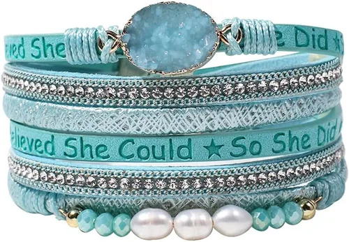 Vista 13 de Artilady Leather Wrap Bracelet for Women, Pearl Beaded Bangle Stack Jewelry Negro