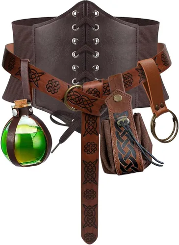 Vista 12 de SUMGOGO 5 piezas Cinturón de corsé Renacentista, cinturón medieval, bolsa de cinturón renacentista, botella de corcho de poción, accesorio de Negro