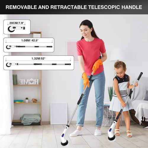 Vista 2 de HSHa Limpiador eléctrico giratorio, limpiador de ducha inalámbrico con mango largo, 2 velocidades ajustables, cepillo de limpieza de ducha con 10