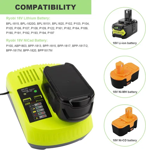 Vista 2 de Reemplazo Ryobi P117 P118 P119 Cargador de química dual Li-ion y Ni-cad Ni-Mh Cargador de batería 12V 18V MAX para batería Ryobi One+ Plus 1400670