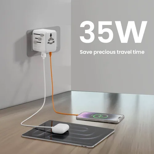 Vista 4 de TSIM Adaptador de viaje universal 35W 10A 2 USB-A, 2 puertos USB-C de carga rápida PD 3.2 todo en uno adaptador de corriente internacional enchufe