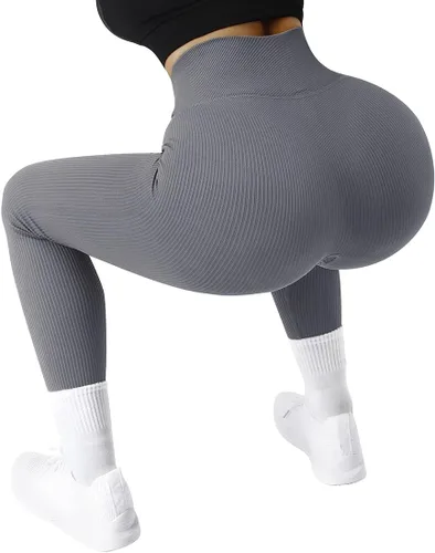 Vista 6 de SUUKSESS - Leggings sin costuras acanaladas para mujer, pantalones de entrenamiento de cintura alta para gimnasio y yoga