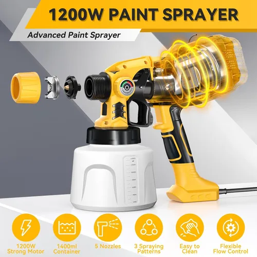 Vista 2 de Pulverizador de pintura HVLP eléctrico de 1200W, pistola de pintura en aerosol con 5 boquillas y 3 patrones de pulverización, control de flujo